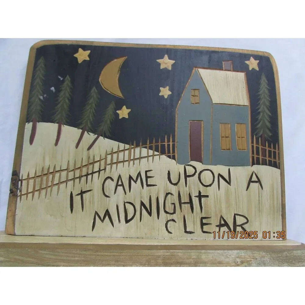 hand painted primitive sign Christmas etched wood with stand wood art country